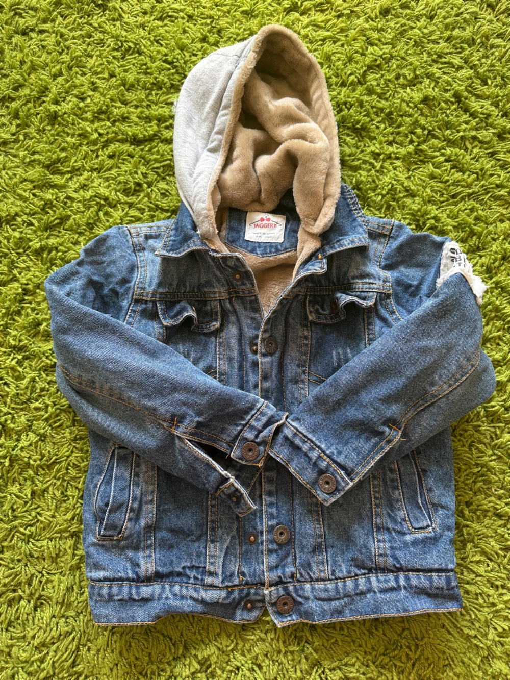 Kids Fleece-Lined Denim Jacket with Hood – Size 110cm (Approx. 4–5Y)